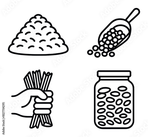 Minimalist icons: rice, beans, pasta, and jarred legumes