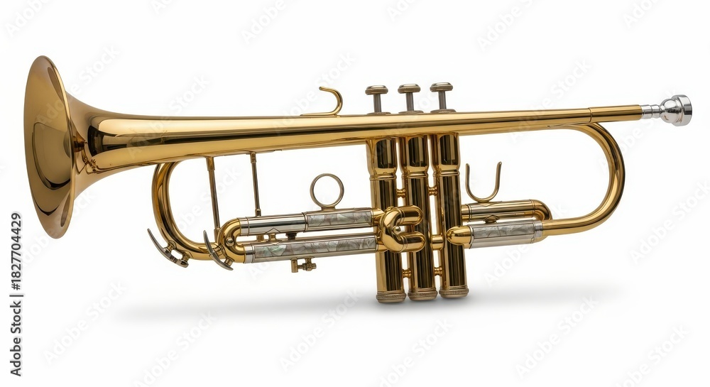 Fototapeta premium Golden brass trumpet with silver accents, a musical instrument perfect for brass band performances or solo pieces