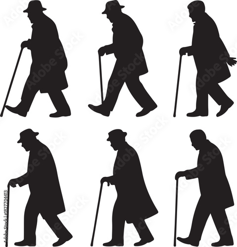 Silhouetted Elderly Man Walking with Cane in Various Poses and Angles