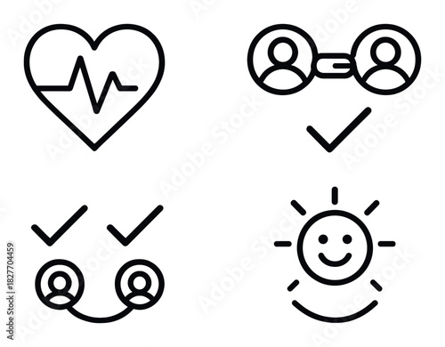 Minimalist health and wellness icons: heart, connections, checkmarks, sun smile