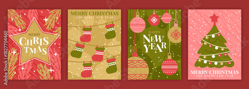 Gold border New Year. December frame. Festive Christmas card ornament. Geometric typography holiday banner, snowflake and fir tree in minimal style poster set. Vector greeting card garish template