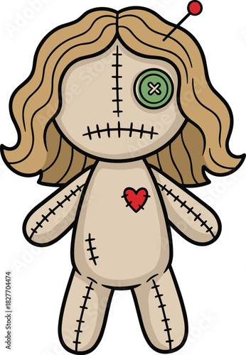 Cartoon voodoo doll vector illustration, stitched beige fabric toy with button eye, red heart patch, pins, spooky handmade Halloween character design