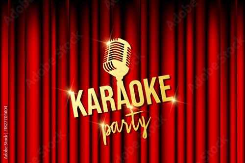Karaoke Party Night Live Show Open Mic Sign on Empty Theater Stage with Spotlight. Vintage Microphone Against Red Curtain Backdrop