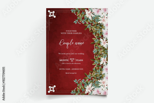 WEDDING INVITATION FRAME WITH FLOWER DECORATIONS AND FRESH LEAVES