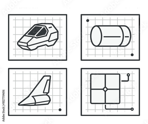 Futuristic spacecraft components: capsule, engine, wing, solar panel design