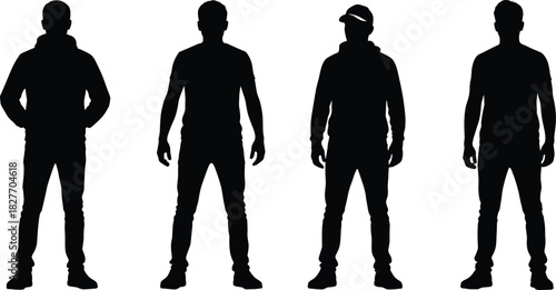 Silhouette group of four standing men wearing casual clothing, representing modern male figures, fashion style, urban attitude, minimal design and confident posture