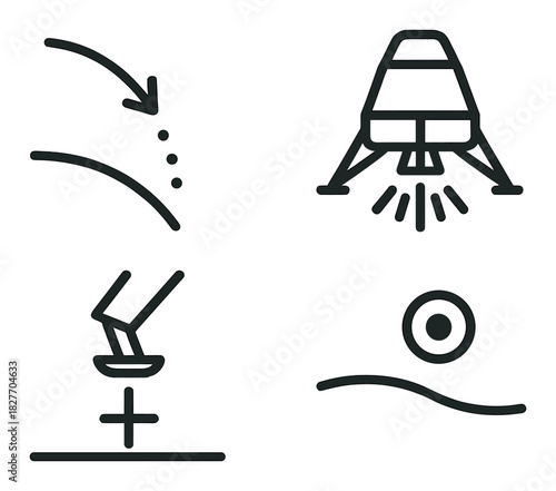 Futuristic spacecraft landing and takeoff icons on yellow background