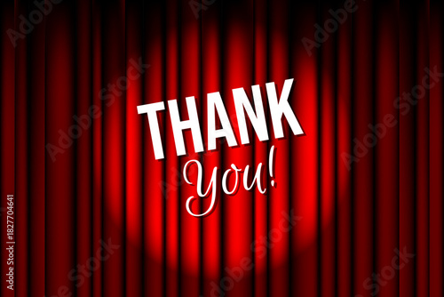Thank You Typography on Closed Red Silky Luxury Theater Curtain with Spotlight Beam Background