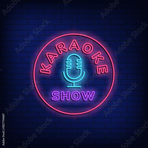 Karaoke Show Neon Label with Circular Frame and Microphone Icon Talent Performance Vector Illustration