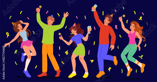 Festive party. Characters holding wine glasses and cocktails. Sparklers, confetti shower. Friends holiday gathering. New year and birthday. Vector cartoon people tidy happy young team celebrating