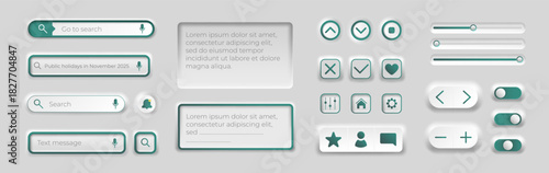 3D search bar. Button icons. UI elements with boxes, circles and lines. Website minimal design. Modern internet interface. Layout for web navigation. Search frame. Vector click dashboard template