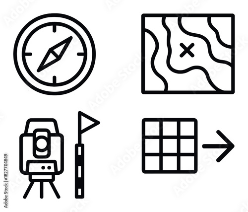 Geolocation icon set featuring compass map survey tools navigation symbols