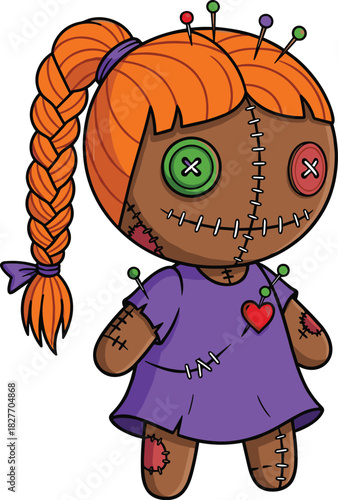 Cartoon voodoo doll vector illustration, stitched handmade toy with button eyes, heart patch, pins, purple dress, spooky Halloween character design