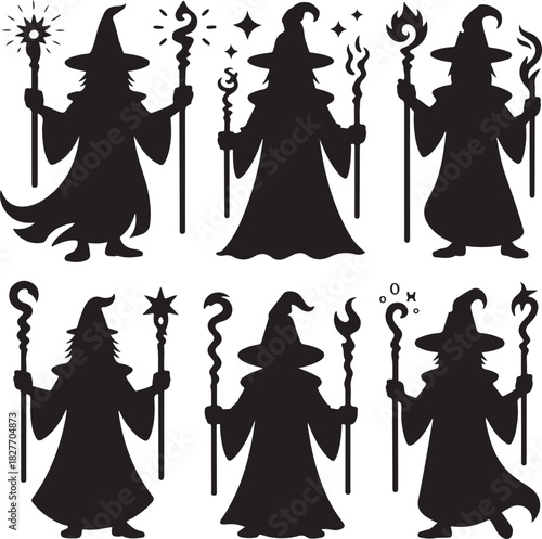 Silhouettes of wizards with magical staffs and hats vector illustration
