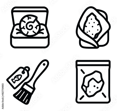 Gemstone exploration icons: toolbox, shovel, microscopy, discovery processes illustrated