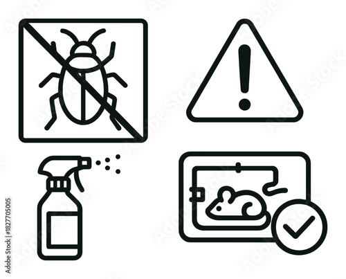 Pest control icons: warning symbols and prevention tools in yellow background
