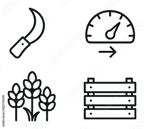 Dark-themed agricultural icons with sickle, speedometer, wheat, and crate