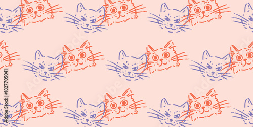 Hand drawn Doodle Cat Faces with sketchy textured strokes. Cute kitten heads in repeat pattern, simple minimal line art. Characters, Vector illustrations set for posters, cards, stickers, print design