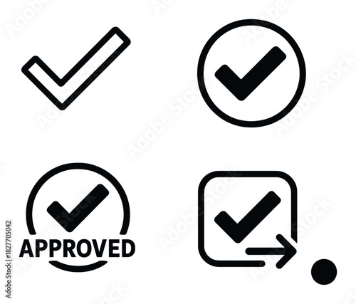 Set of check mark icons: approved symbols and checkmark designs