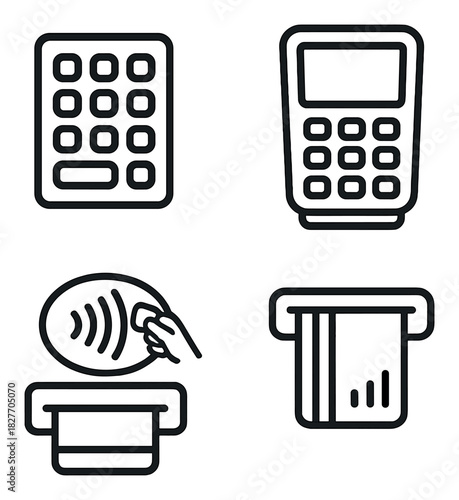 Digital transaction icons: payment terminal, contactless, card reader graphics