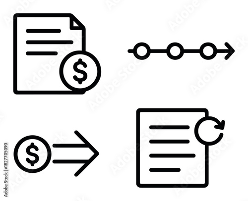 Financial document icons with currency symbol and process diagram