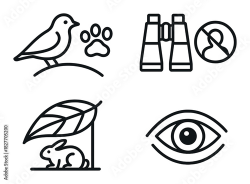 Nature and wildlife icons: bird, paw, binoculars, rabbit, eye