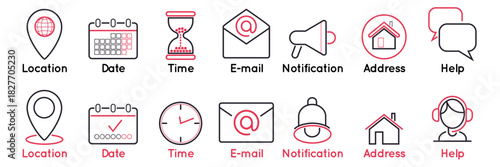Icons UI. Date and time clock symbols. Business logo design. Sign for UI. Business schedule. Calendar label. Location map GPS pin. Notification megaphone. Interface menu office. Vector elements set