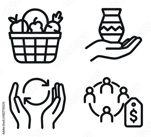 Minimalist icons of fruit basket, handcrafted vase, recycling, and social connections