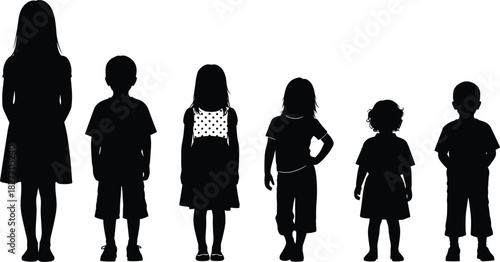 Silhouette illustration of diverse children standing in a row, representing childhood, growth, youth development, education, family, community, and social concepts.