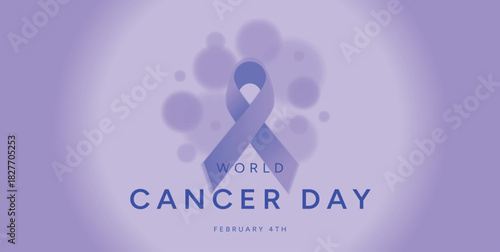 World Cancer Day banner with lavender ribbon symbol and soft gradient background. February 4 awareness concept design for health care and prevention. Vector illustration for poster