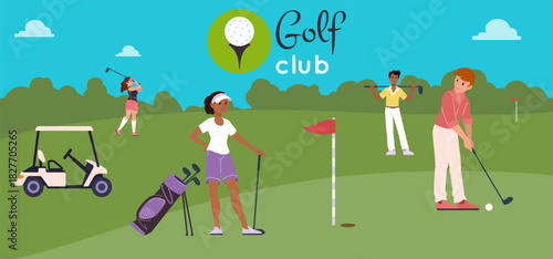 Golf background. Golfer characters playing on field. Athletes hitting clubs. Ball and hole flag at playground lawn grass. Cartoon sportsmen outdoors. Sport festival. Golfing tournament vector banner