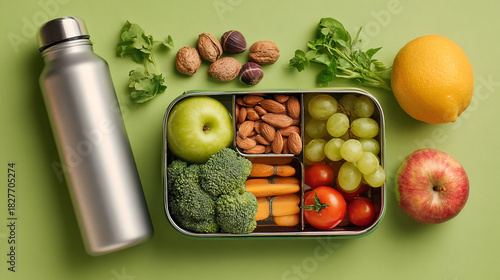 Healthy lunchbox with fruits vegetables nuts and water bottle on green surface