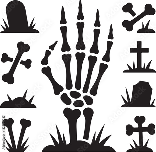 Spooky Halloween graveyard graphic illustration with skeleton hand and tombstones