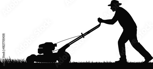 Silhouette of a person pushing a lawn mower while cutting grass outdoors, representing gardening, landscaping, yard maintenance, outdoor work, summer chores, and clean lawn care.