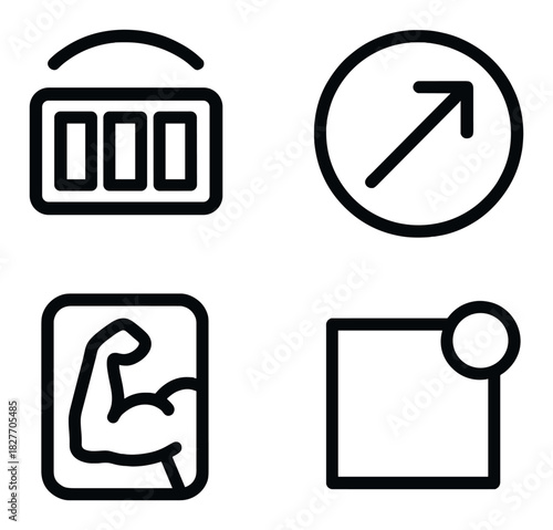 Minimalist icons: battery, arrow, muscle, square in black outline