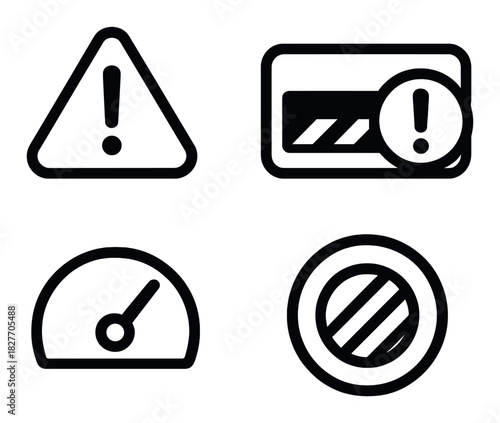 Dark interface icons: warning, card alert, speedometer, no entry symbols