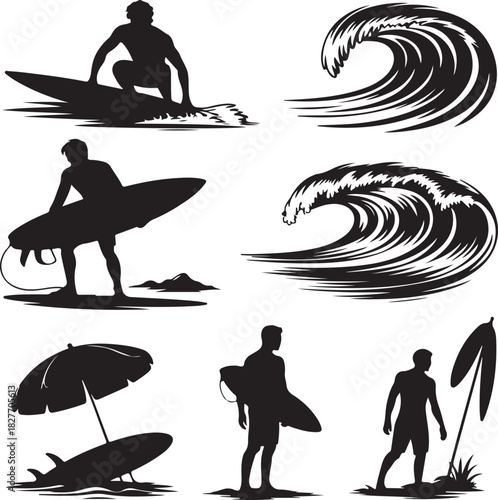 Surfing Beach Life Silhouettes Collection Vector Illustration for Design