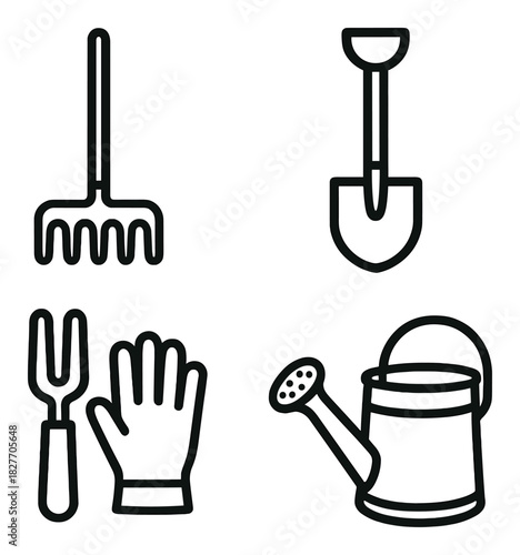 Garden tools icons: rake, shovel, trowel, gloves, watering can
