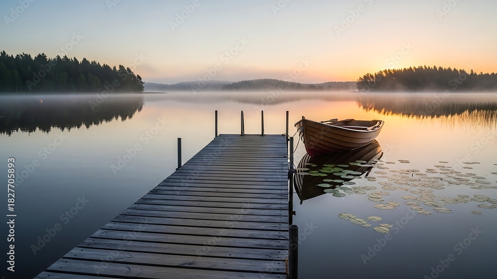 Naklejka premium Serene Lake at Dawn with Dock and Boat.