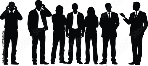 Silhouette of diverse business team standing together in professional poses representing leadership, teamwork, corporate communication, collaboration, unity, modern office workforce.