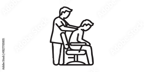 Masseur with man at salon chair thin line icon, spa massage concept. Vector graphics. Massaging art for client back, therapy sign on white background, style icon mobile or web design