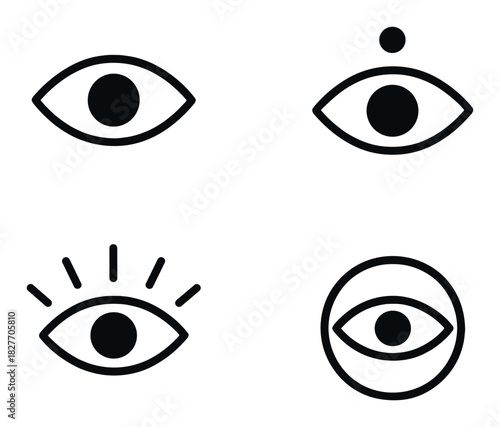 Abstract eye symbols on black background with minimalistic design elements