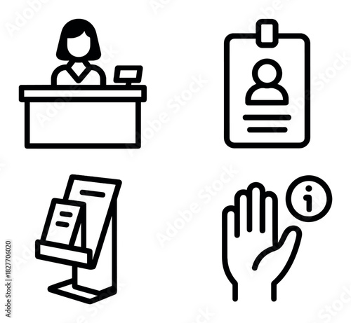 Reception desk and information kiosk icons with id badge and hand gesture symbol