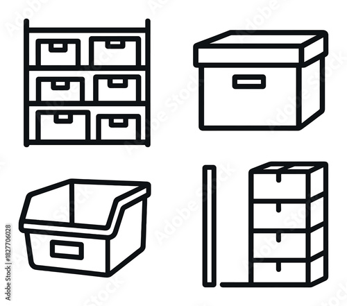 Home storage solutions: drawers, boxes, and shelving icons for organization