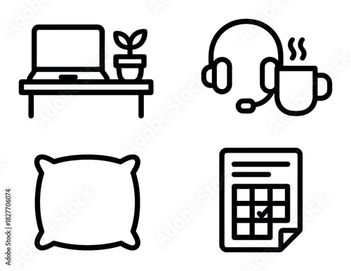Work-from-home essentials: laptop, headset, mug, pillow, task organizer icons