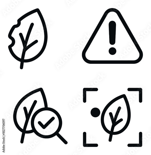 Environmental icons set with leaf and caution symbols on dark background