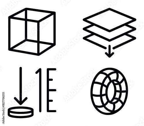 Black icons on gray background: cube, layers, measurement, lifebuoy symbols