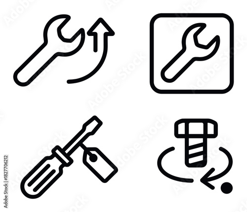 Black mechanical icons set: wrench, screwdriver, bolt for industrial themes