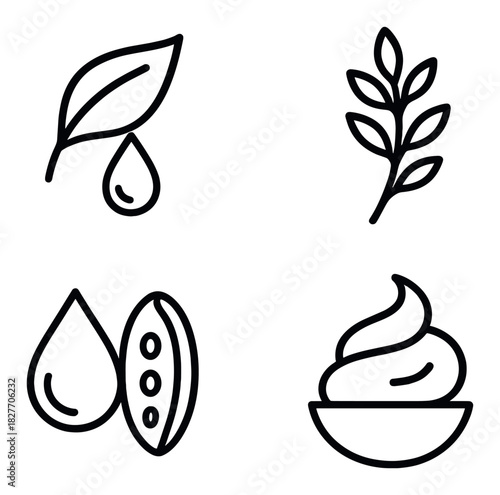 Organic cosmetic ingredients icons with leaves and shea butter
