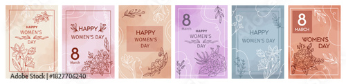 Floral card set. Elegant line flower and leaves. Blossoms on branches template. Poster decoration. Botanical outline frame for celebration. Backdrop Women s Day. Vector layout tidy design collection